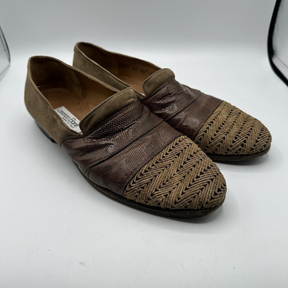 Vintage Lorenzo Banfi Loafers Men 10 Brown Woven Straw Leather Italy Slip On